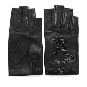 CHANEL Black Leather Fingerless Gloves with Logo Detail (Size 6)